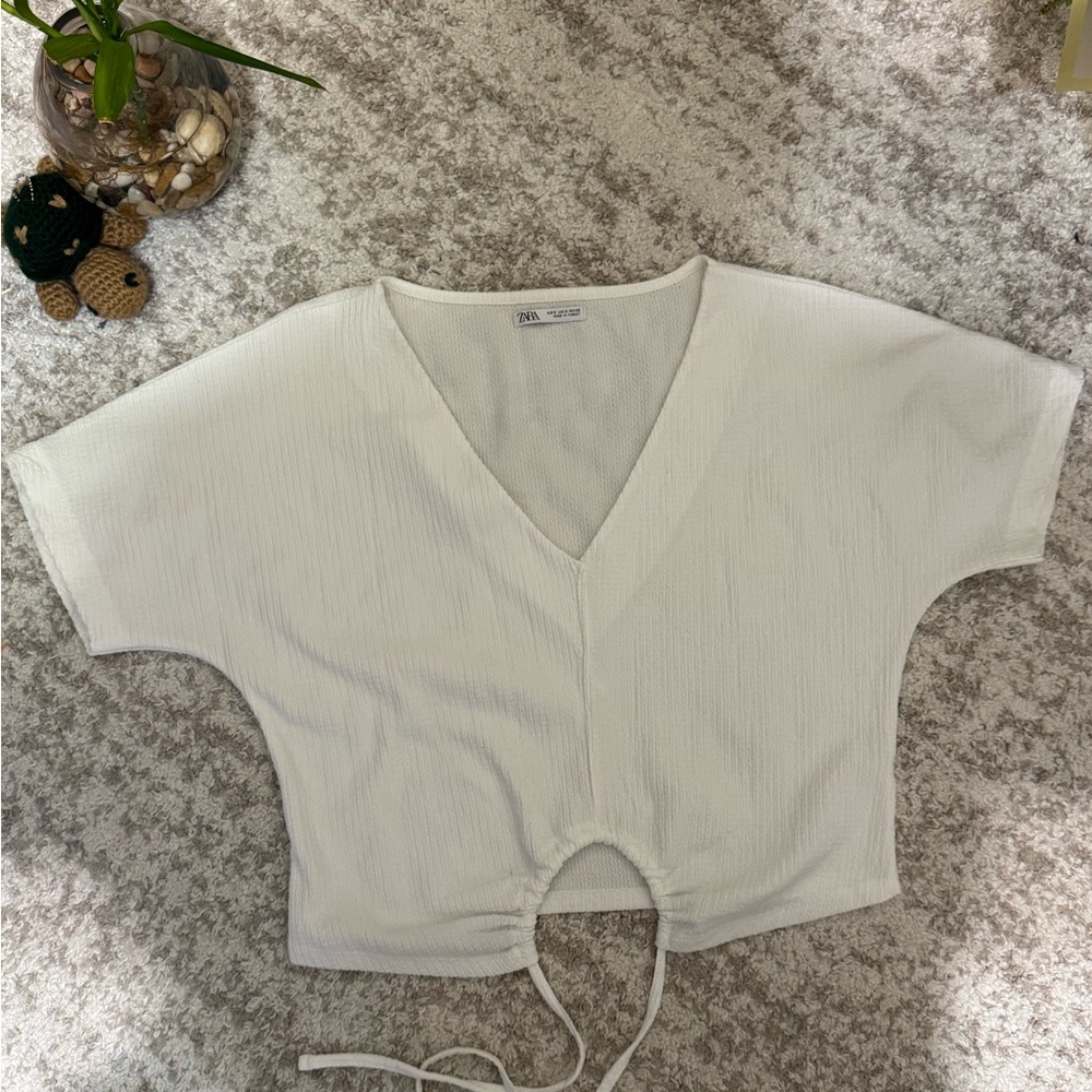 Zara White V-Neck Blouse with Drawstring
